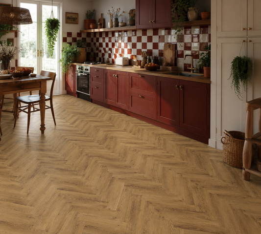 Sherwood Oak Herringbone Luxury Click Vinyl Flooring 5.5mm installed in a rustic farmhouse kitchen with dark burgundy cabinets, checkerboard splashback and authentic natural oak-effect herringbone flooring.