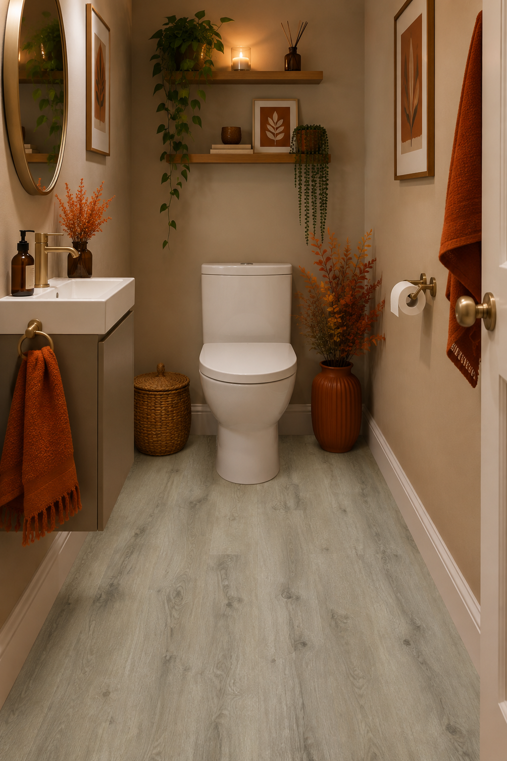 Skiddaw Smoked Oak Luxury Click Vinyl Flooring 5mm in a cosy modern cloakroom with grey wood-effect planks, burnt orange accents and plants.
