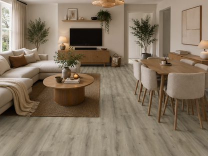 Skiddaw Smoked Oak Luxury Click Vinyl Flooring 5mm in a cosy modern living and dining room with realistic grey oak wood-effect planks.