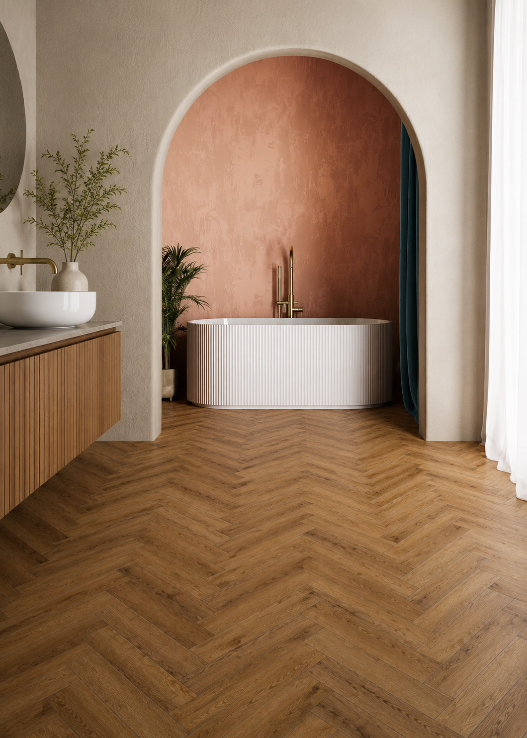Sugar Oak Herringbone Luxury Click Vinyl Flooring in a contemporary bathroom, featuring a natural oak-effect herringbone pattern, realistic wood grain texture and warm brown tones. Waterproof click vinyl flooring installed beneath a freestanding bath, showcasing durable wood-look flooring for modern bathrooms and residential interiors.