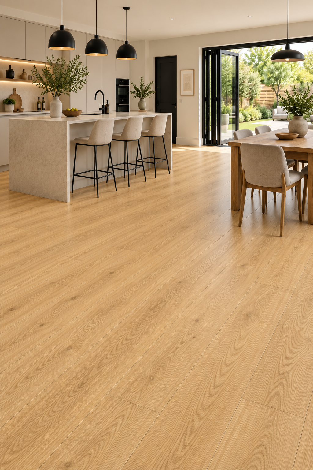 Modern open-plan kitchen and dining room featuring Natural Oak 6mm luxury click vinyl flooring, with warm oak tones, neutral interiors and garden views.
