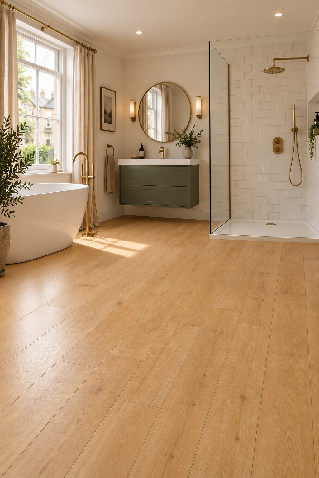 Light oak wood plank flooring installed in a modern, bright bathroom with a freestanding bathtub, floating vanity, and glass shower enclosure.