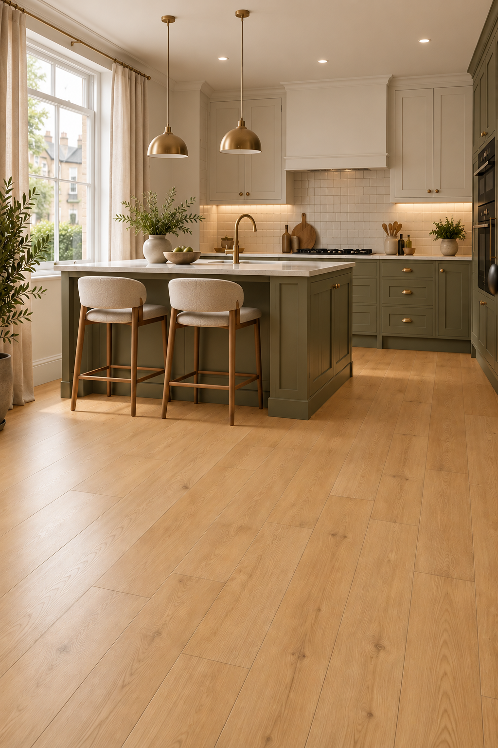 Light oak wood flooring in a modern kitchen with sage green cabinets, a central island, and two bar stools.