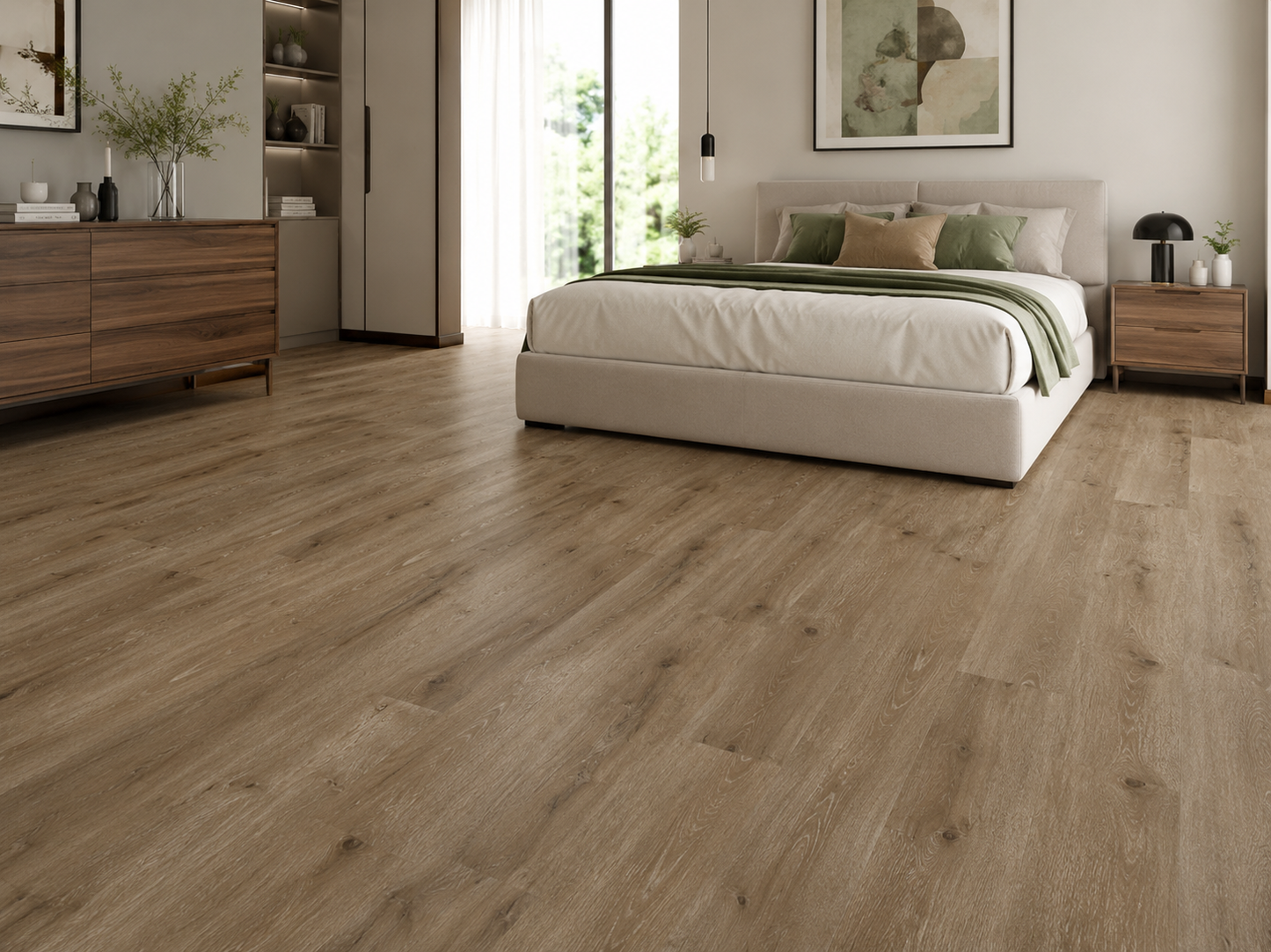 Warm Ash Oak luxury click vinyl flooring in a modern bedroom, featuring wide plank SPC flooring with realistic oak grain, natural knots, matt finish and waterproof rigid core construction for stylish contemporary interiors.