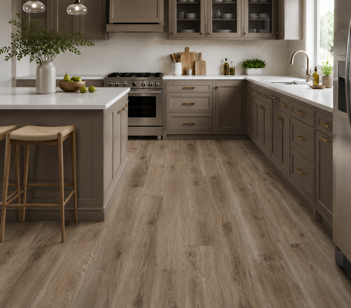 Contemporary shaker kitchen with Thetford Walnut luxury click vinyl flooring, showcasing realistic walnut wood grain, natural knots, wide plank SPC construction and a durable waterproof matt finish.