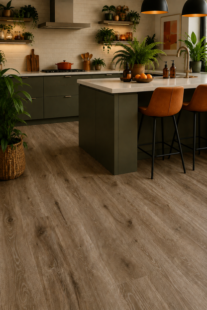 Thetford Walnut 6mm luxury click vinyl flooring by KWIK Floors in a modern kitchen, featuring realistic warm walnut wood grain, natural knots and SPC planks with dark green cabinetry, burnt orange accents and houseplants.