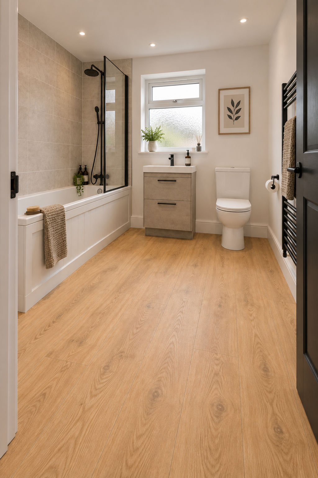 Bright modern bathroom featuring Natural Oak 6mm luxury click vinyl flooring, with warm natural wood tones, neutral décor, beige tiled bath and black fixtures.