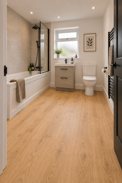 Bright modern bathroom featuring Natural Oak 6mm luxury click vinyl flooring, with warm natural wood tones, neutral décor, beige tiled bath and black fixtures.