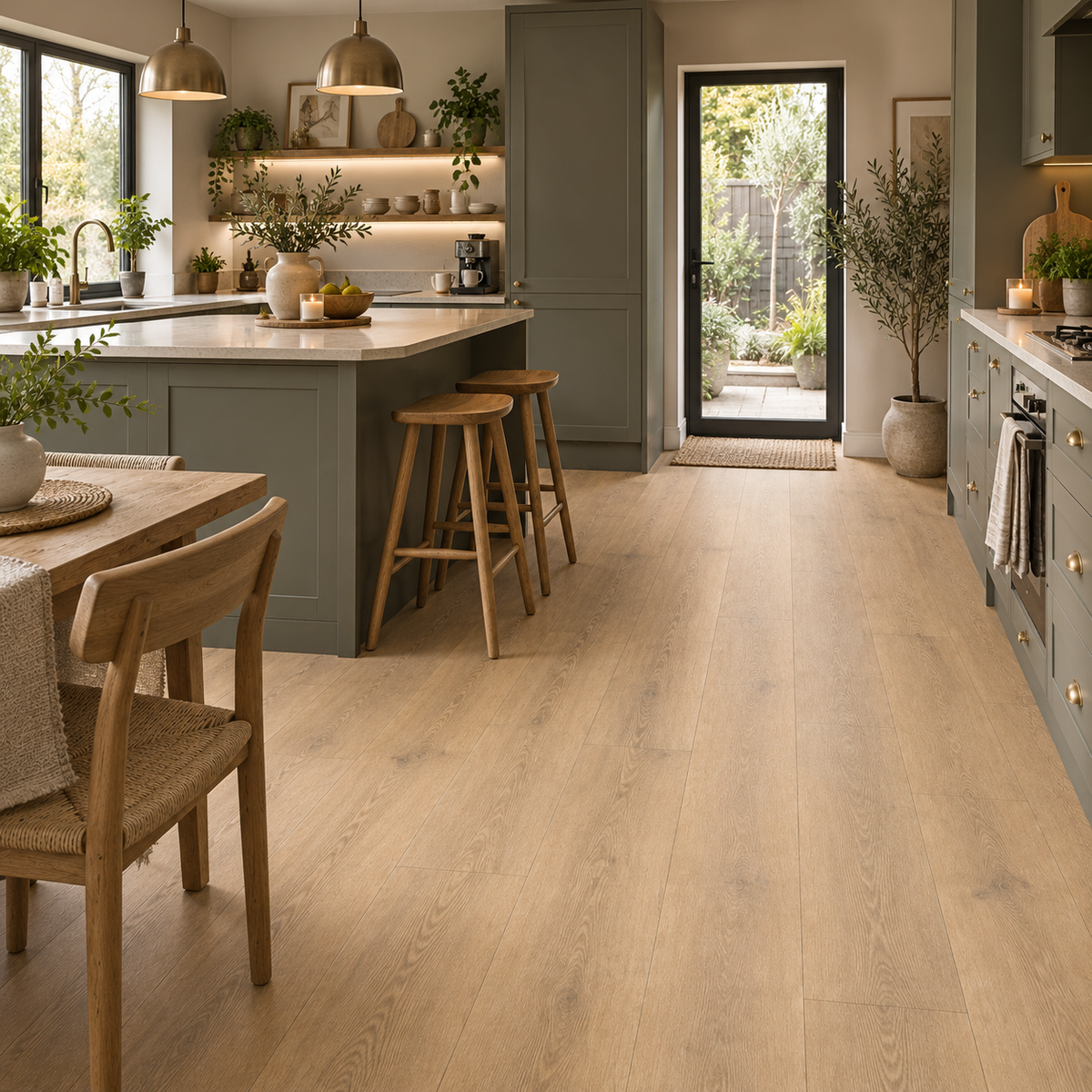 Honey Fell Oak luxury click vinyl flooring in a cosy modern kitchen with sage green cabinetry, natural wood furniture, brass accents and warm neutral styling.