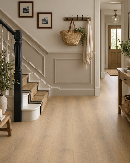Honey Fell Oak luxury click vinyl flooring in a cosy neutral hallway with a staircase, natural textures, warm wood accents and traditional wall panelling.